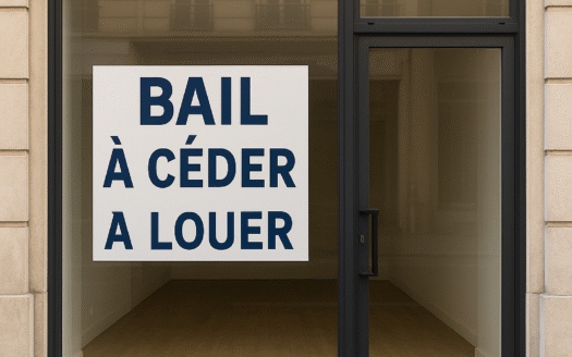 Vitrine de magasin vide avec une affiche Bail à céder – droit au bail commercial