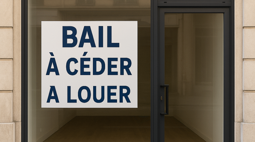Vitrine de magasin vide avec une affiche Bail à céder – droit au bail commercial